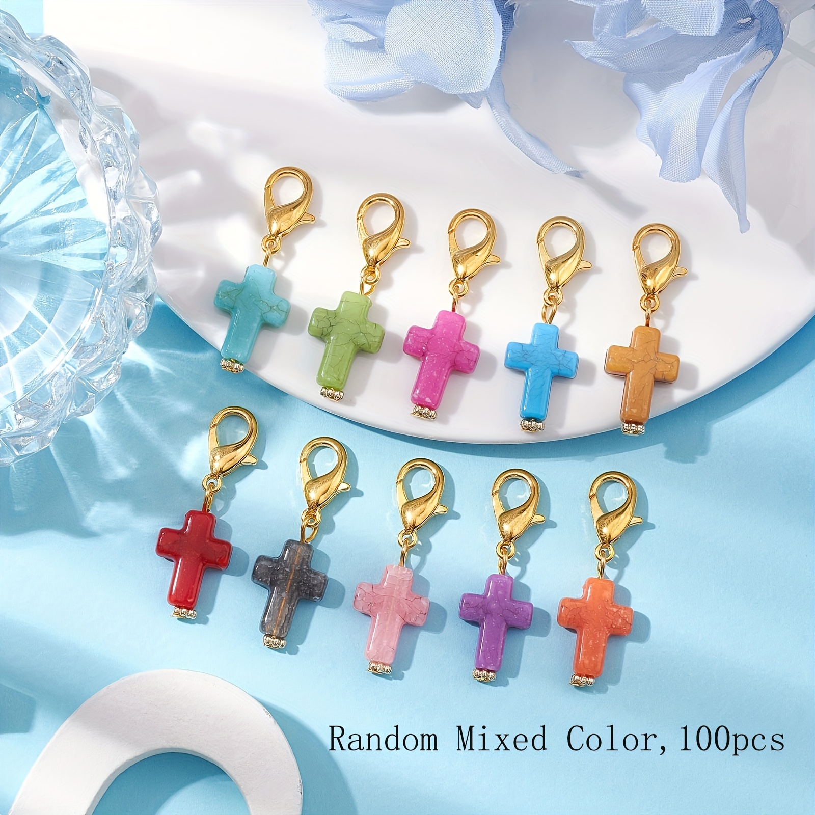 100pcs Acrylic Cross Pendant Decoration, Alloy Clasps Charms, For Bag Ornaments, Random Mixed Color, 1.46 Inch(3.7cm)