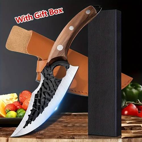chefs knife with pattern full tang curved handle ideal for meat fish vegetables leather sheath and gift box professional outdoor use stylish sturdy handle