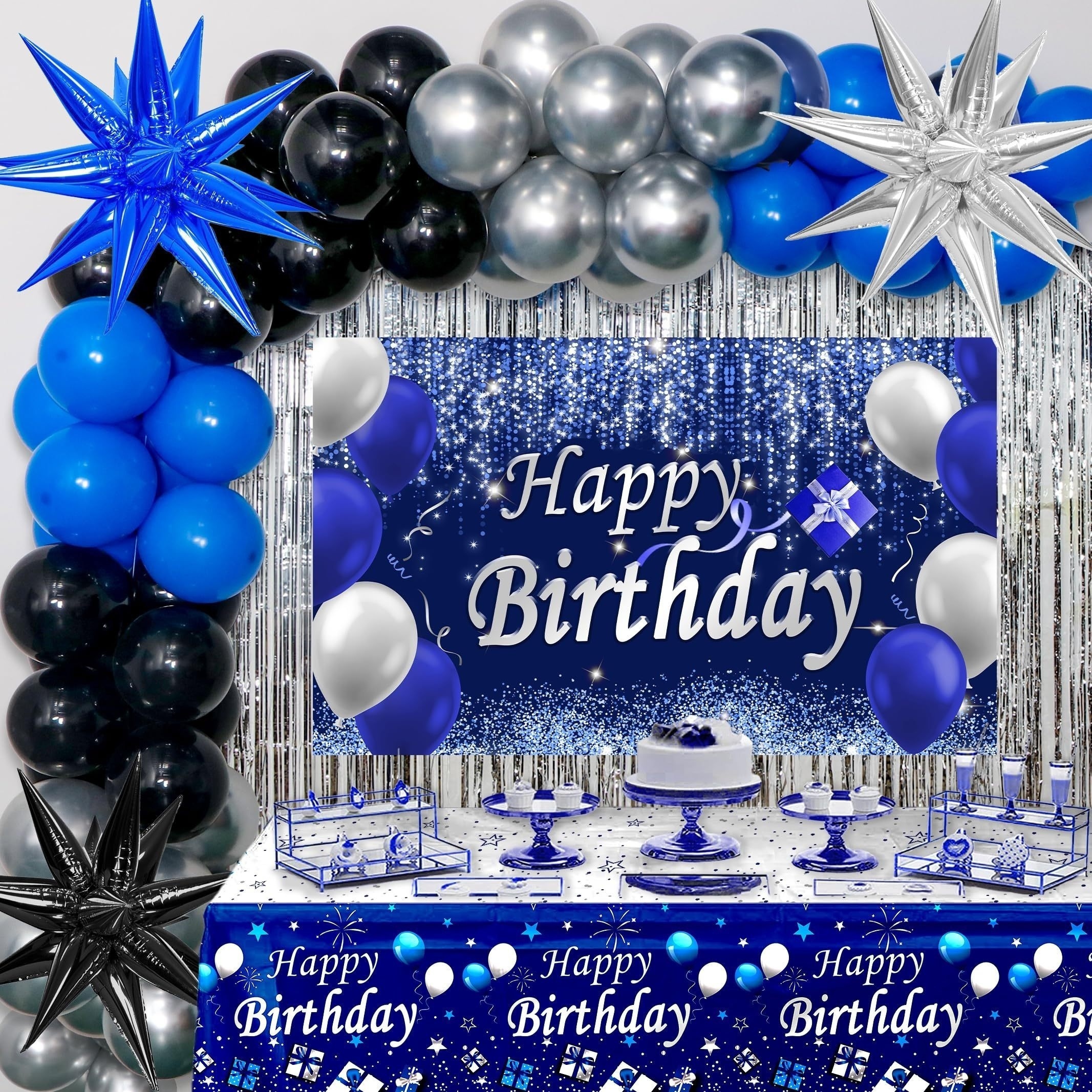 

Blue Birthday Decorations For Men Boys, Happy Birthday Party Decorations For Women Blue Silver Happy Birthday Banner & Tablecloth Backdrops Explosion Bady Decor For Him Her Blue Party Supplies