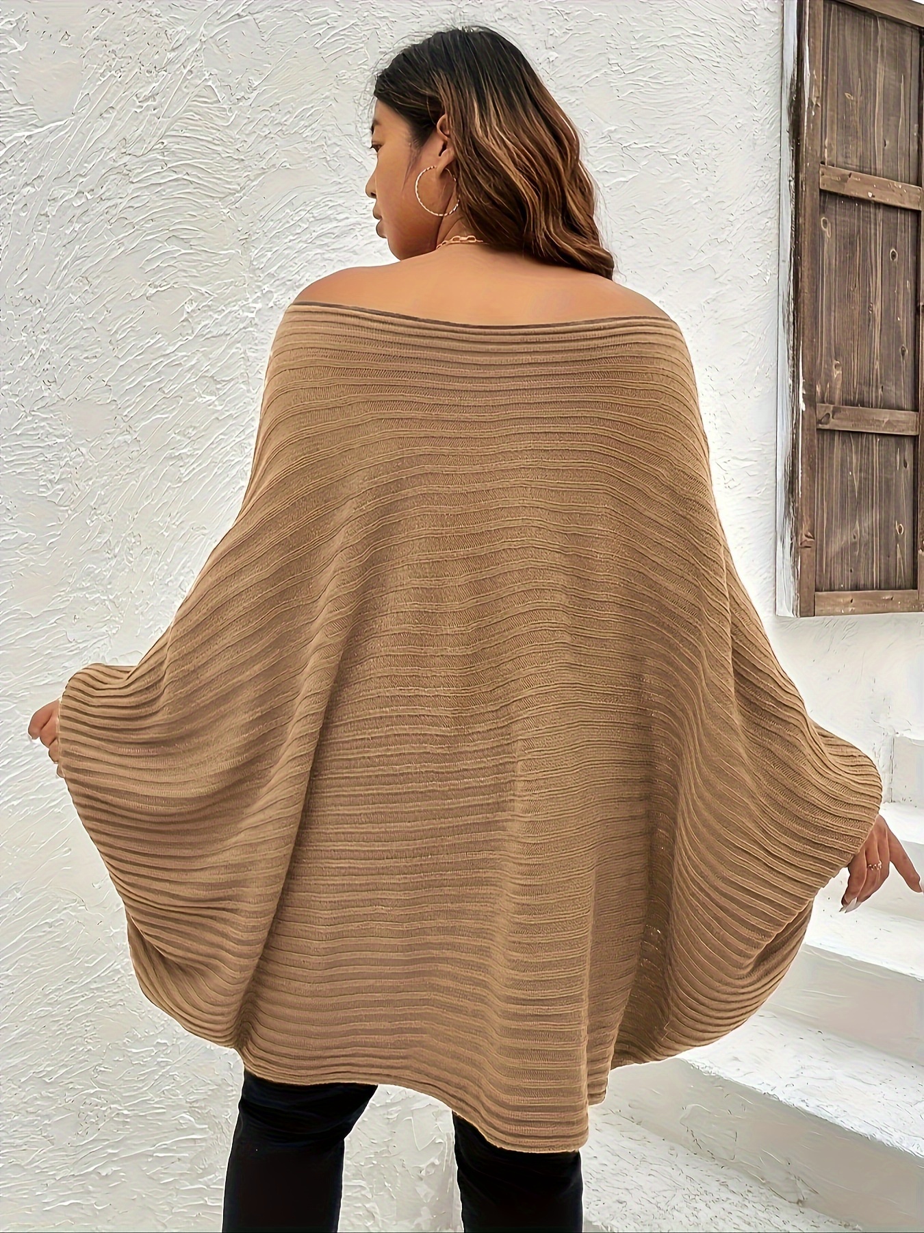 Plus Size Rib Knit Shoulder Batwing Sleeve Loose Fit Sweater - Temu Canada