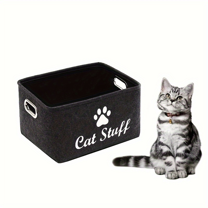 

1pc Felt Cat Toy Storage Box With Wooden Handle, Rectangular Fabric Pet Toy Organizer Basket For , Toy Box