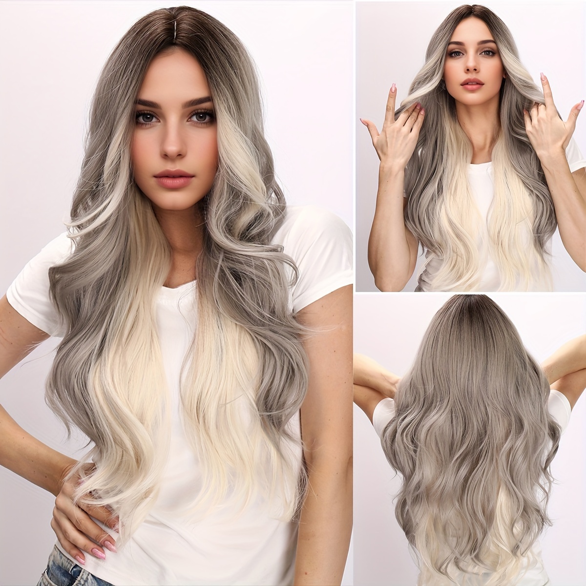 

28 Inch Long Curly Gray Gradient Wig Paired With Synthetic Wig For Women, Suitable For Daily Or Role-playing Use