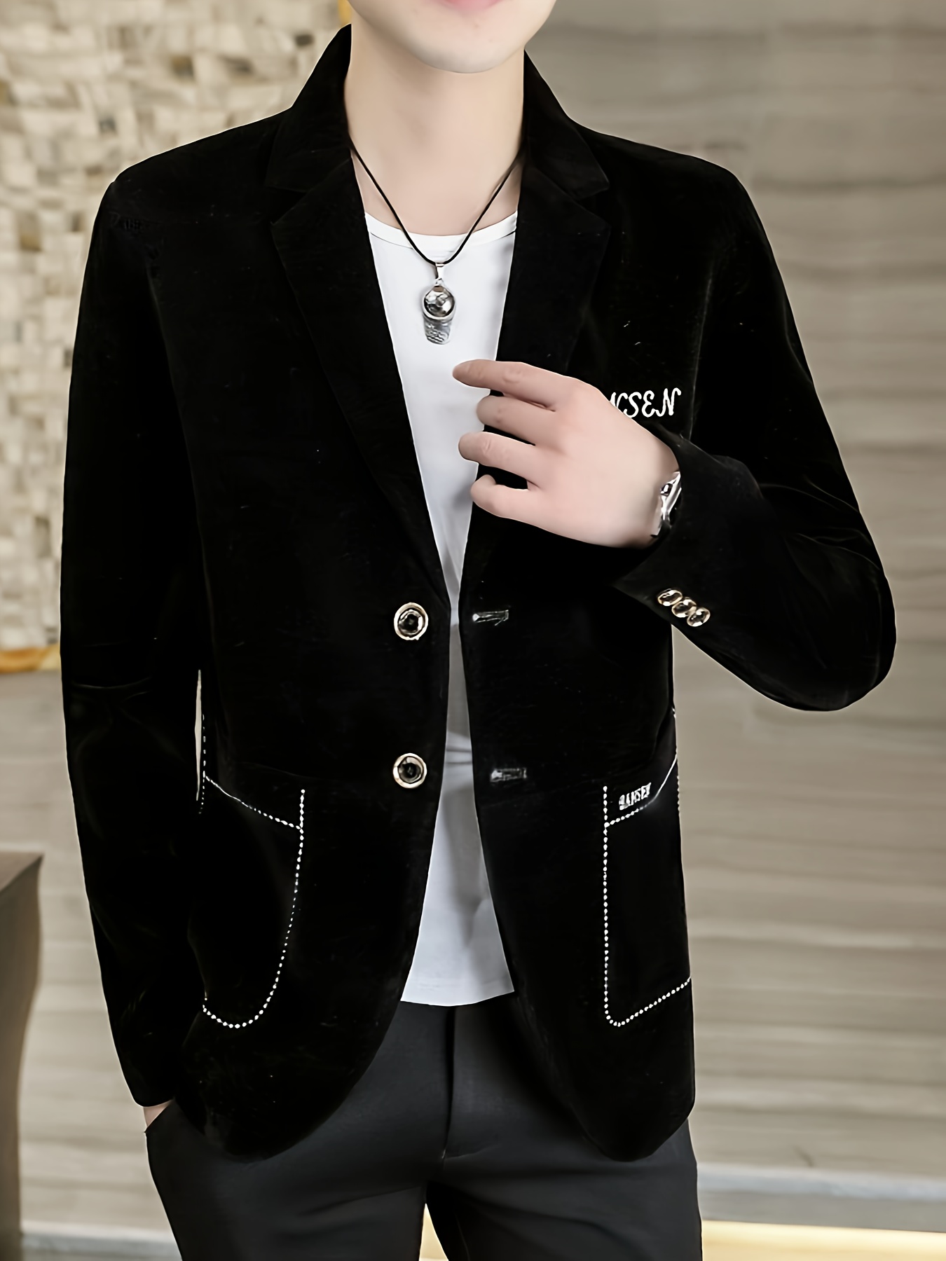 mens elegant velvet   black golden jacket with white stitching button   long sleeve   business formal occasions   formal wear sophisticated mens jacket   texture details 1