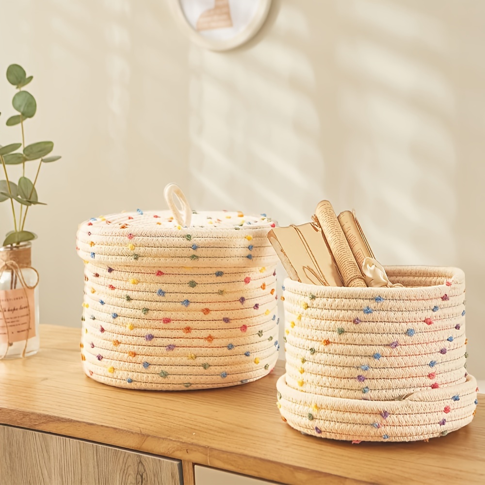 

2pcs Cotton Rope Storage Baskets With Lidded Pompom Design, Fabric Stacking Shelf Baskets For Organizing - Decorative Rainbow Colored Round Storage Containers With