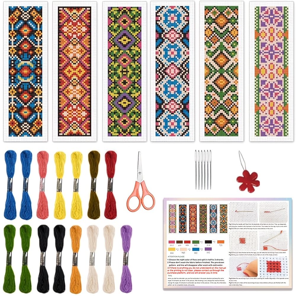 TEMU 6pcs Geometric Classical Pattern Theme Cross Stitch Bookmark Handmade Art Kit - Beginner-friendly Fabric Bookmark Creation - Includes 6pcs