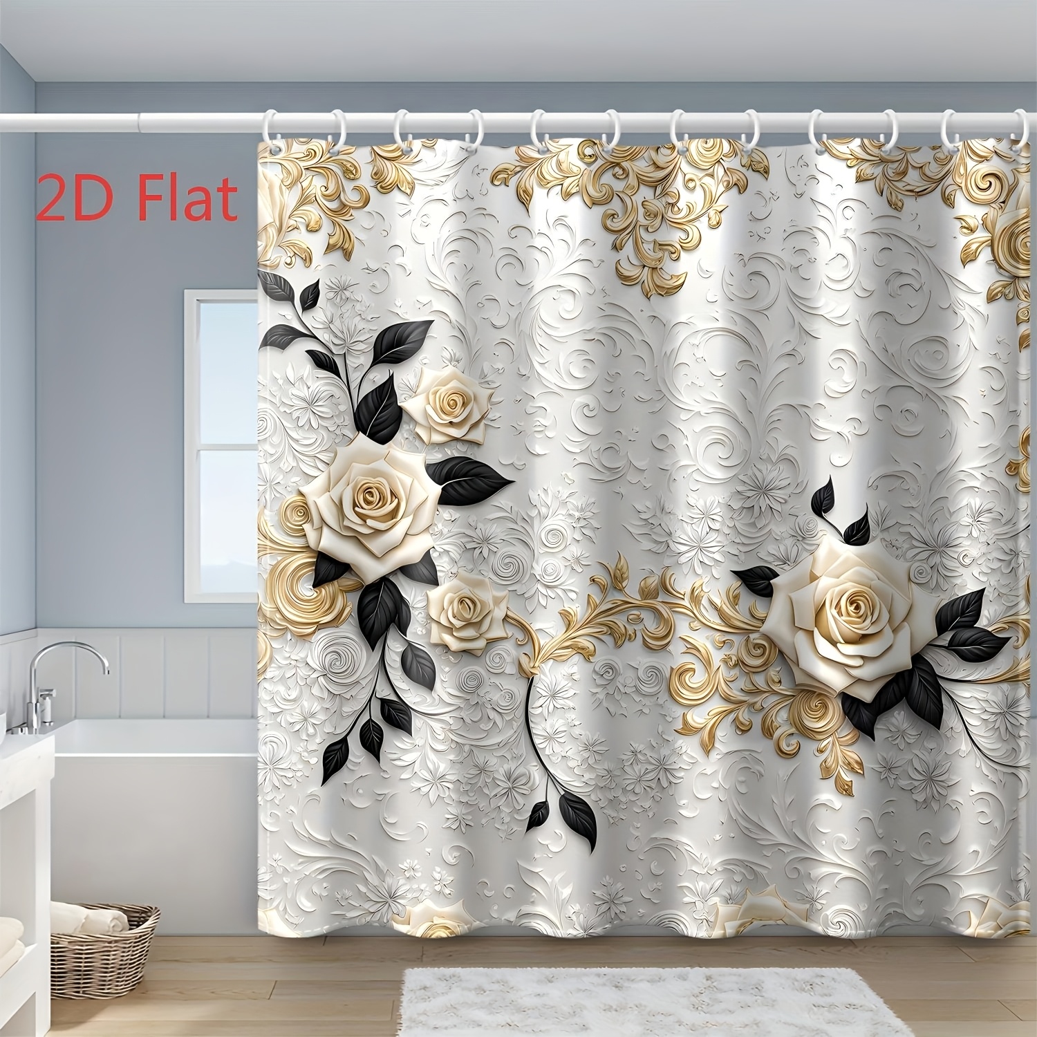 Image of 1pc 2d Flat White Floral Dark Pattern Beige Rose Print Bath Curtain With Hooks,, Modern Art Window And Wall Bathtub Bathroom Home Decor Shower Curtain Universal 71x71 Inches