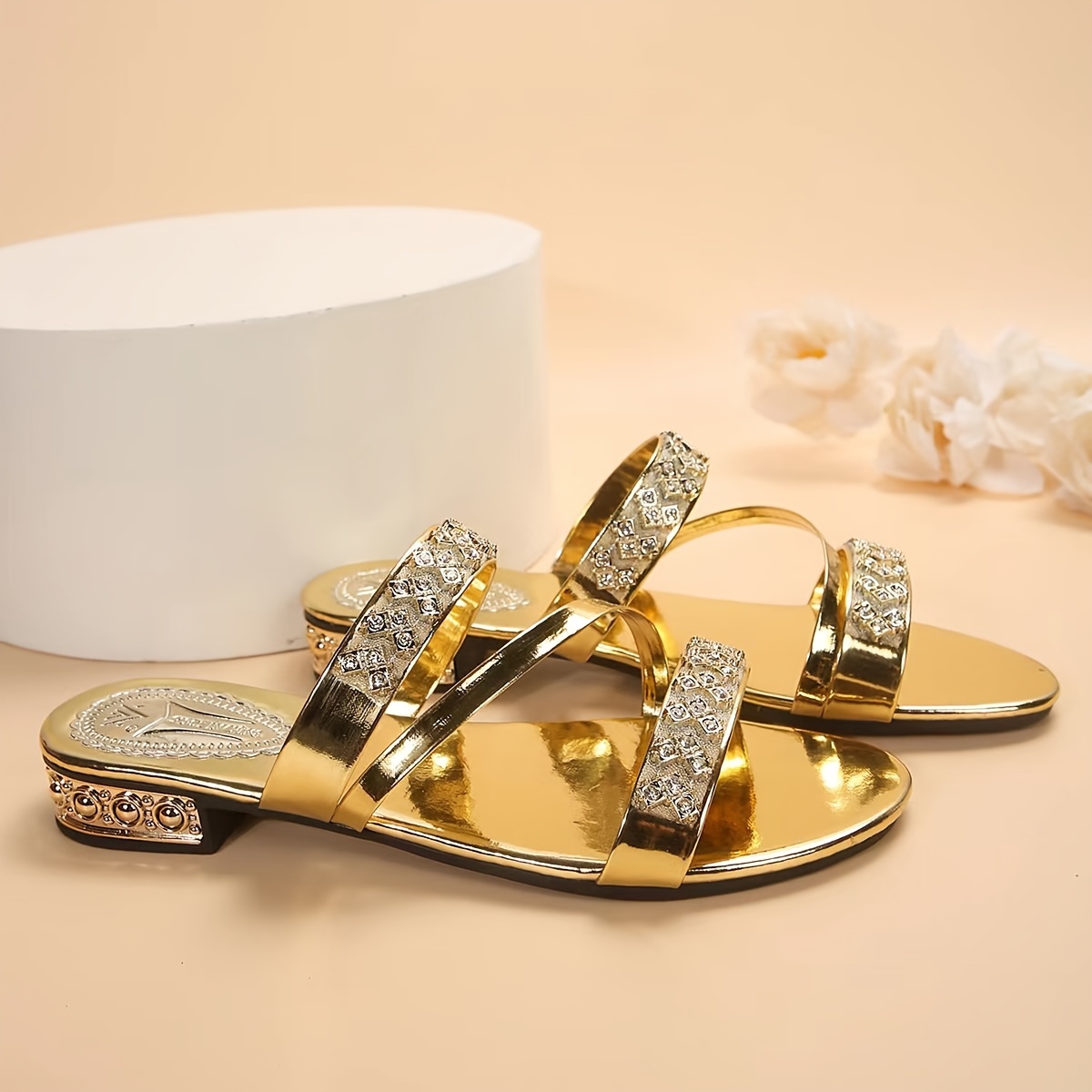 womens rhinestone decor golden slides fashionable open toe summer flat shoes casual outdoor beach slide sandals details 4