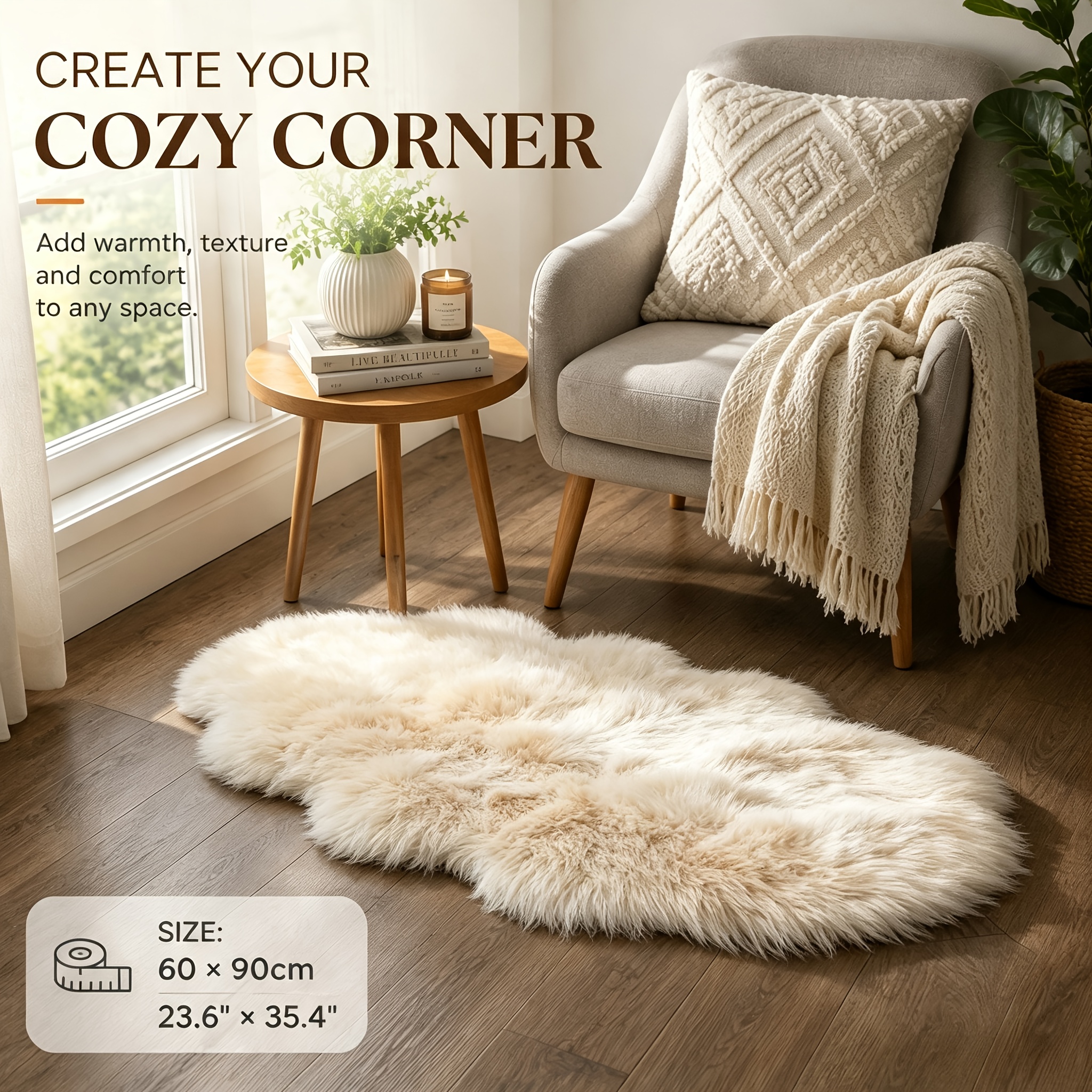 TEMU Faux Sheepskin Rug For Bedroom- Ultra Soft Fluffy Non-slip Machine Washable Easy Clean, Bedside Rugs For Bedroom & Living Room, Beige Fuzzy Fur