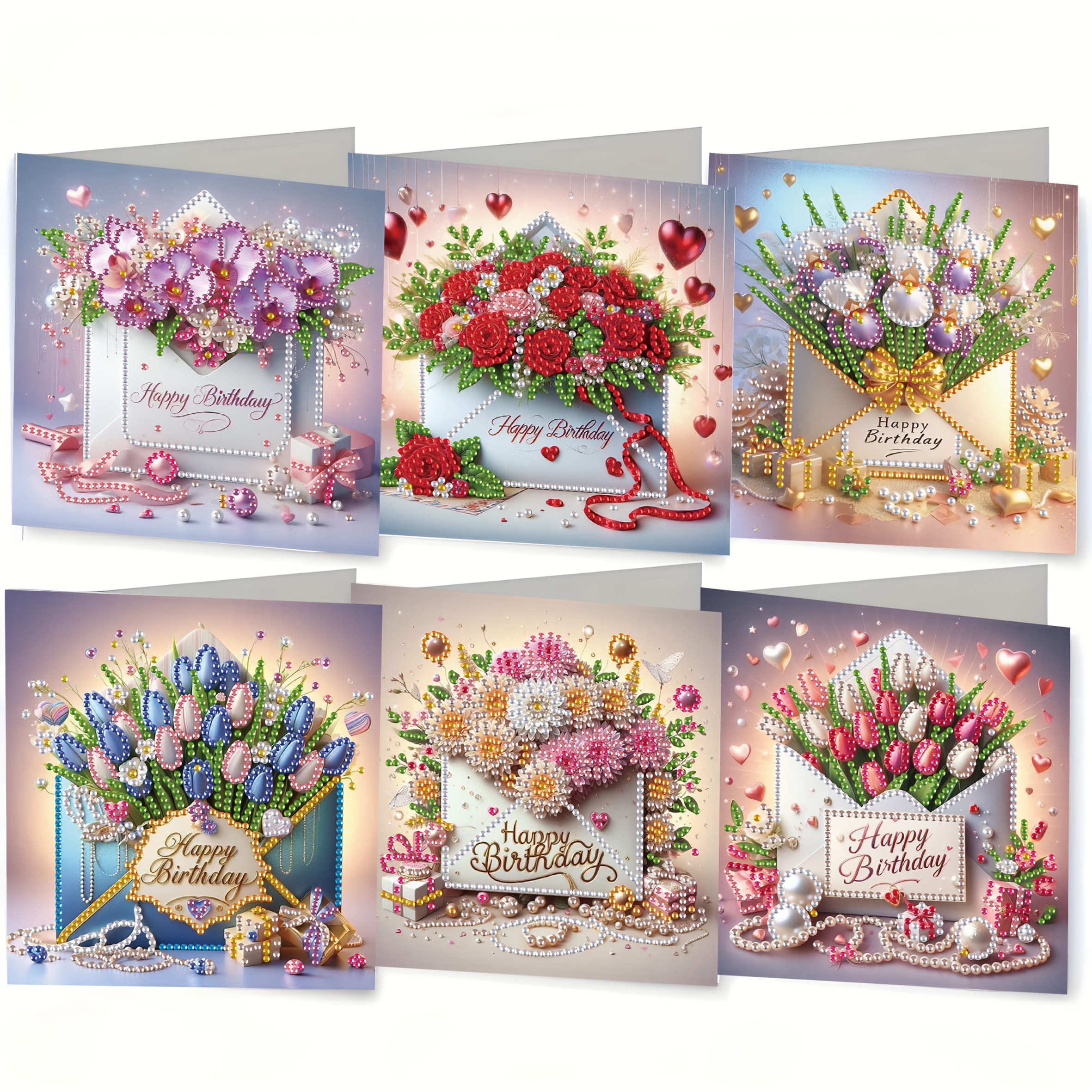 6pcs Birthday Themed Diamond Painted Greeting Card Set, Floral And Envelope Style - To , And Rich Details Make This Unique Handmade Gift Set For Gifts