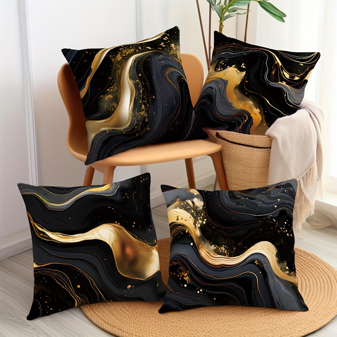 

4pcs Set Black & Golden Throw Pillow Covers, 17.71''x17.71'', Modern Velvet Polyester, Dual-sided Print, Zip Closure - Sofa & Chair Decor