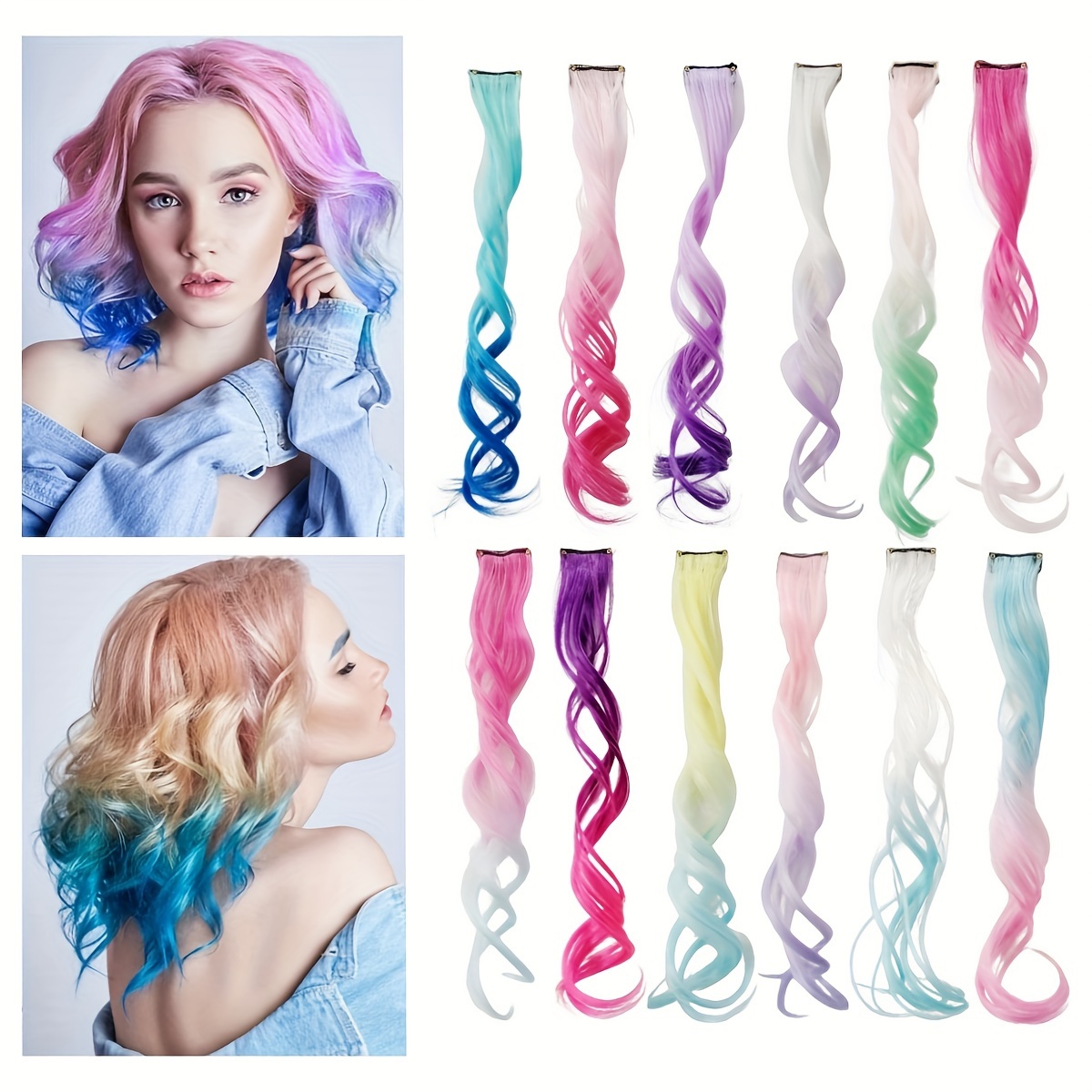 

12pcs Colorful Curly Hair Extension Pieces With Gradient Inches Bb Clip Hair Extension Pieces Fiber Hair Accessories For Parties, Daily Use, Hanging Ears And Dyeing