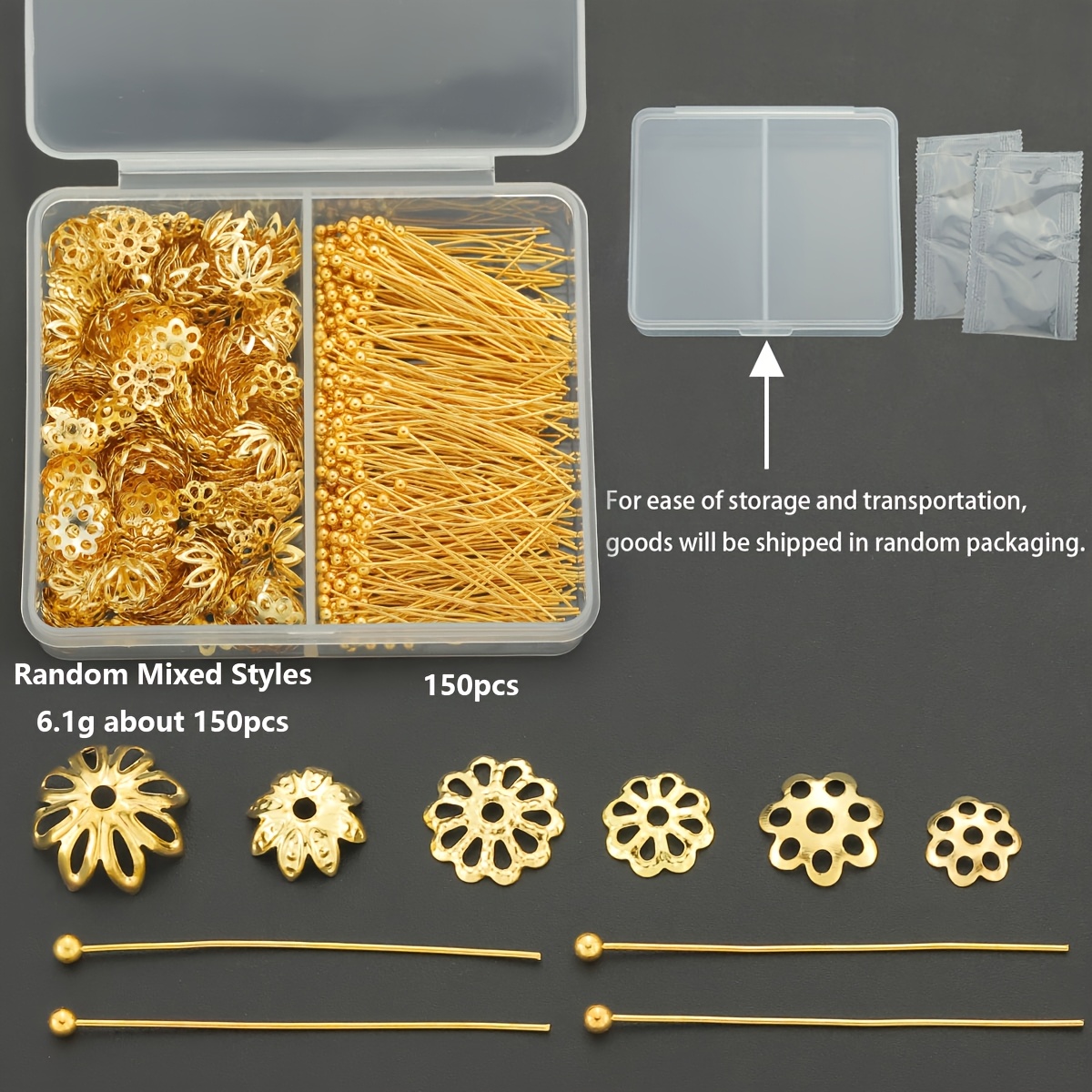 TEMU 300pcs/box Golden Making Parts Set, Including 150pcs Ball Head Pins And 150pcs Flower Bases, Random Mixed Styles, . 6.1g. Suitable For Diy Woven