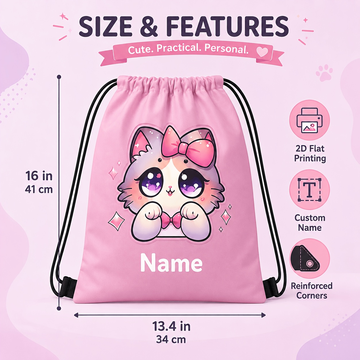 TEMU 1-pack Custom Drawstring Bag With Personalized Name/ Print, Cute Bow And Cat Print, Dry-wet Swimming Bag, Sporty And Fashionable Portable