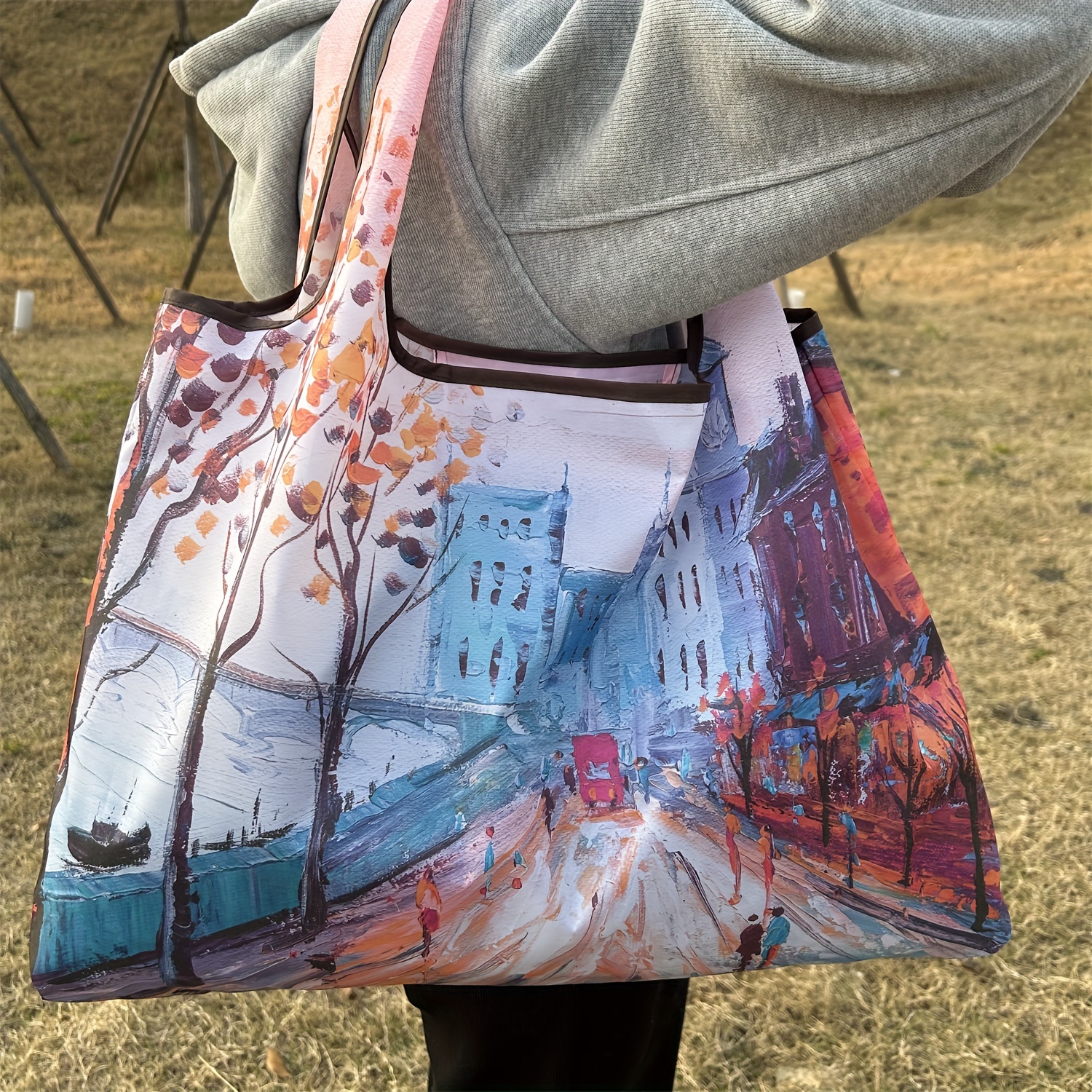 

Oil Painting City Print Large Capacity Portable Shopping Bag, Reusable Lightweight Soft Tote Bag, Foldable Portable Shoulder Handbag, Casual Daypack For Going Out