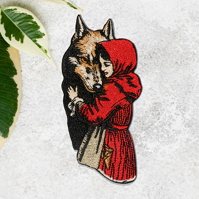 

1pc " " Embroidered Patch - Girl & Wolf Design In Red, , Ideal For Diy Projects & Clothing Decoration