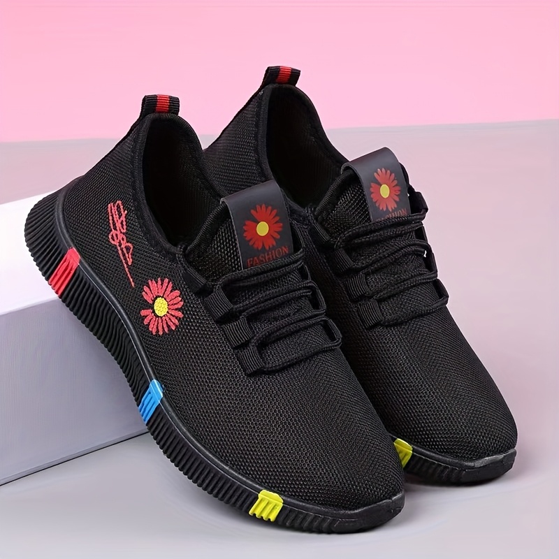 Tenis casuales bajos para mujer, negros con detalles en rojo y multicolor, parte superior y forro de tela transpirable, suela de PVC resistente, zapatos versátiles con cordones para todas las estaciones, diseño elegante