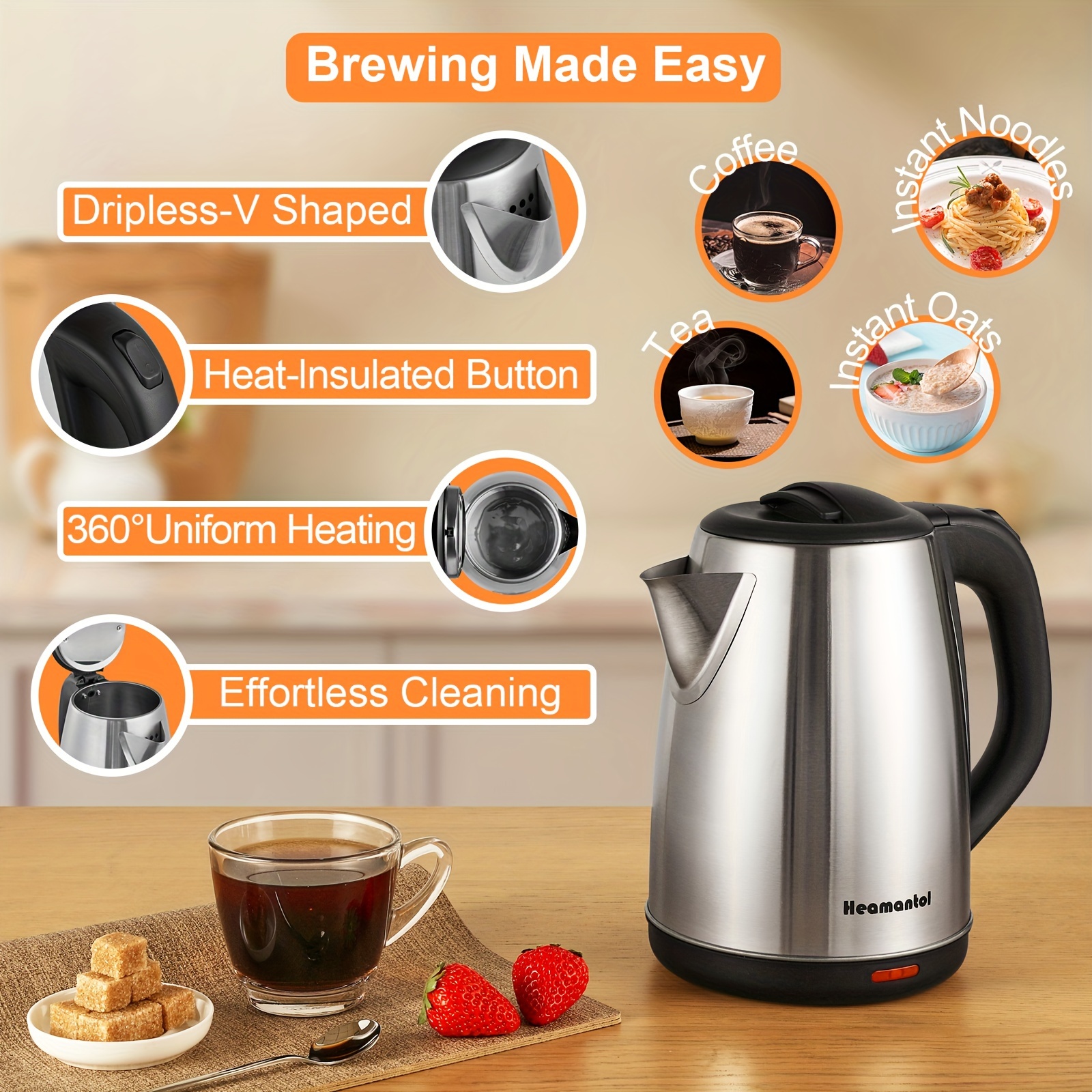  electric kettle 700w hot water kettle teapot boiler tea kettle pot auto shut off boil stainless steel double wall bpa 8l hot water boiler has heating base led indicator instant water heater for coffee tea details 3