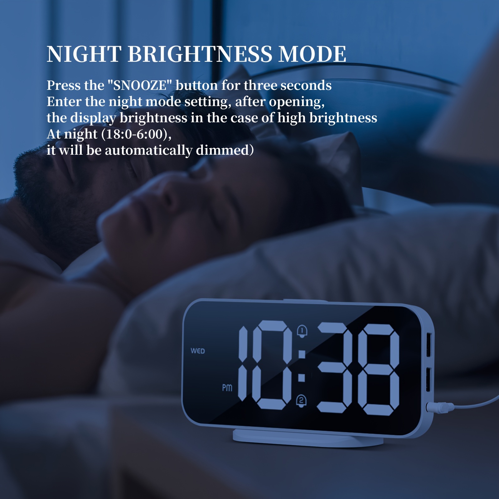 Digital Alarm Clock Large Display, LED Mirror Electronic Clocks With 2