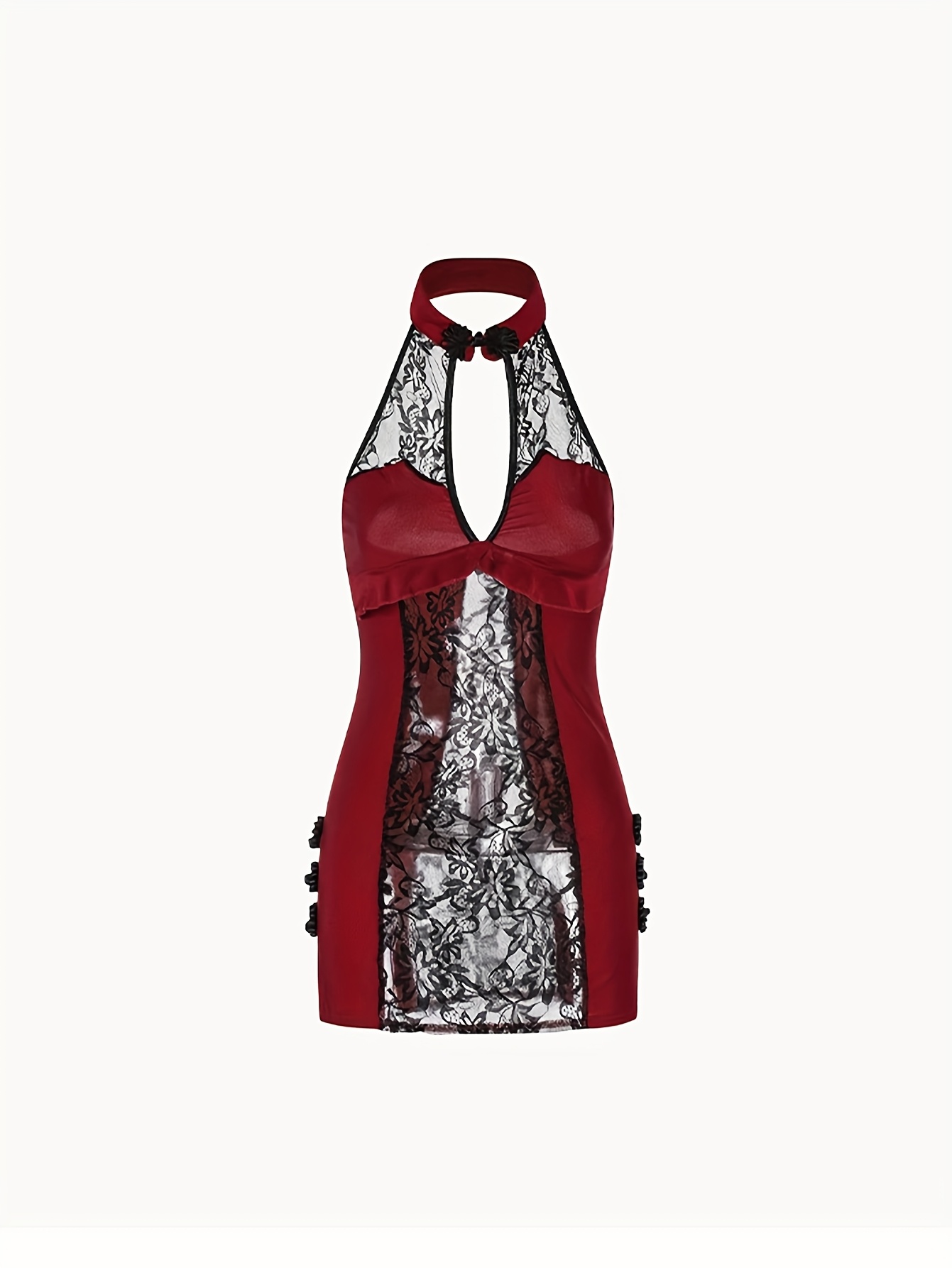 Elegant Deep V-Neck Hollow-Out Sexy Lingerie Nightgown | Jacquard Pattern with Contrast Lace Details, Suitable for Adults