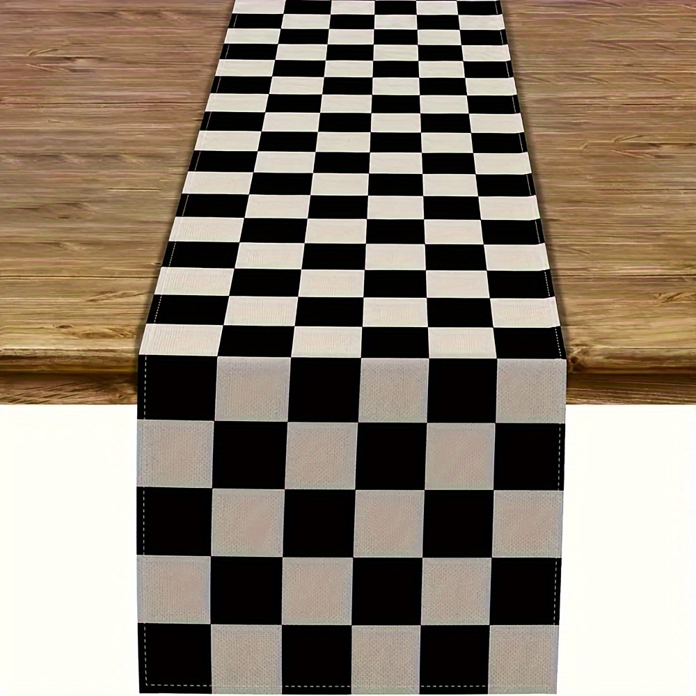 

Vintage Checkered Table Runner: Black And Beige Polyester, No Power Required, Perfect For Artistic Home Decor