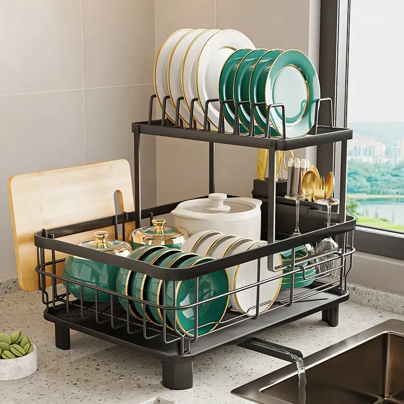 dish dryingrack rotatable drain spout 2tier dish drainer with utensil holder large dish drying rack dish rack with chopstick holder multifunctional dish rack for kitchen counter Product details 0