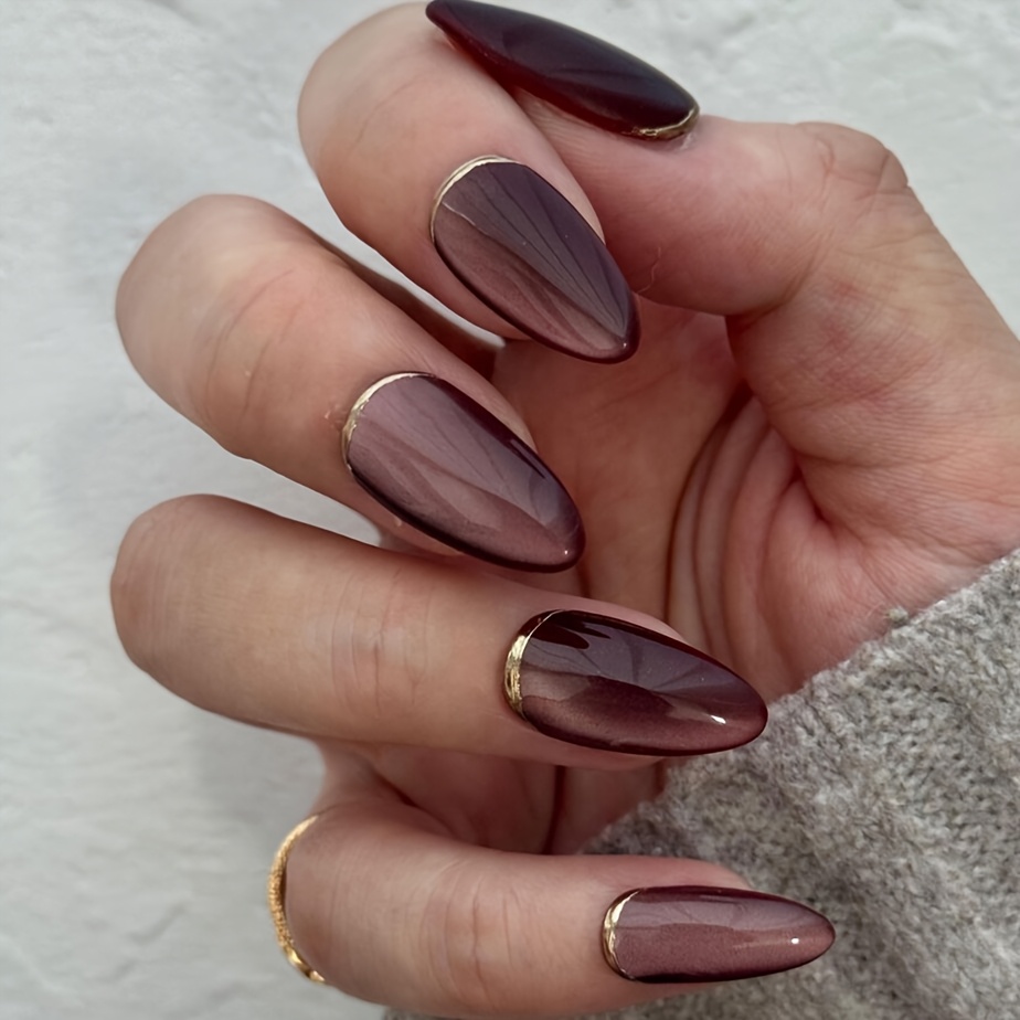 TEMU 24pcs Burgundy Gradient Press On Nails, Almond Fake Nails With Thin Golden Metal Edge Minimalist Nail Art