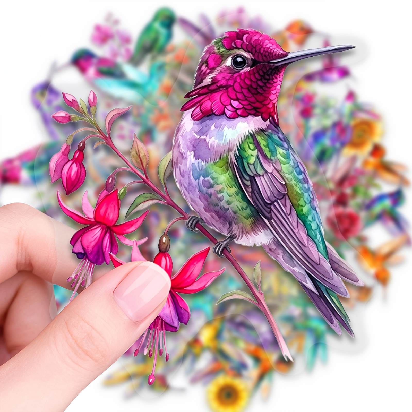 Image of 50pcs Transparent Pet Material Hummingbird Theme Stickers, Hummingbird And Flower Series Stickers. Ideal For Laptop, Water Bottle, Phone, Journal, , Bumper, Skateboard, Motorcycle, Luggage