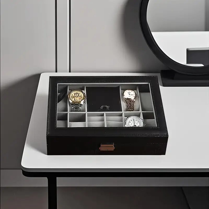 10 scenes black simple transparent flip jewelry box with dial display area leather jewelry box for mens and womens watches rings earrings necklaces bracelets storage home decorative jewelry box suitable for family jewelry organization valentines day gift fathers day gift mothers day gift birthday gift Product details 1