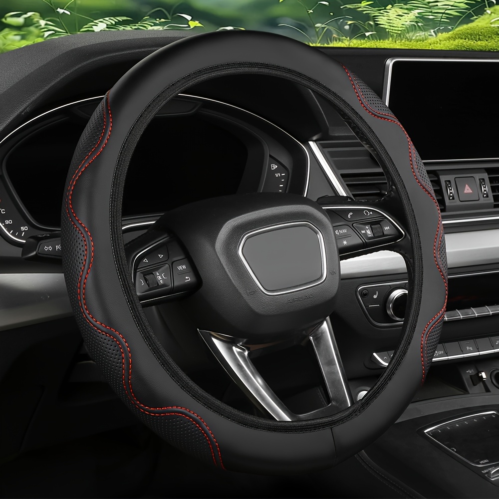   leather steering wheel cover non slip embossed corrugated elastic universal fit for 37 01 38 0 cm wheels   design black with red stitching steering wheel cover for car red 0