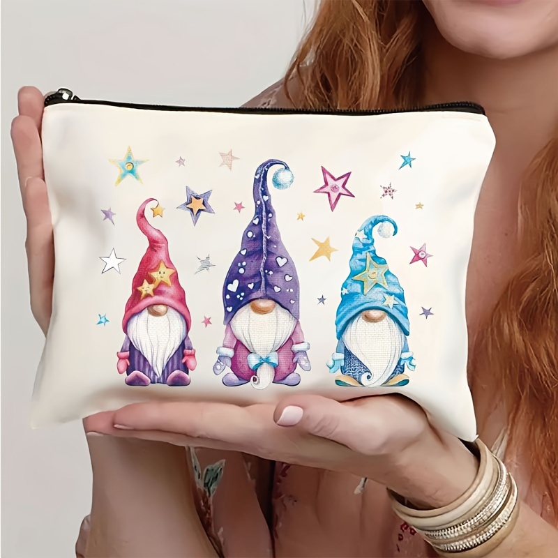 

Whimsical Gnome Print Cosmetic Bag, Large Capacity Travel Toiletry Pouch With Zipper, Multi-purpose Storage Organizer For Skincare, Makeup, Stationery - Portable And Durable