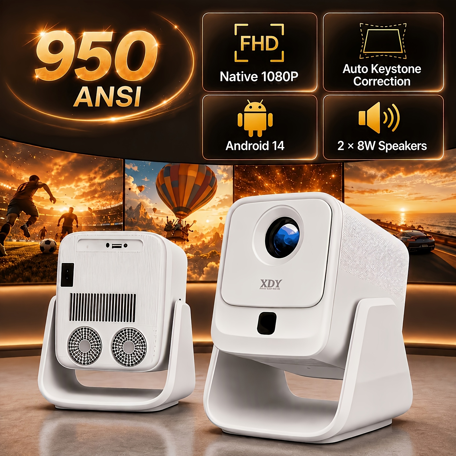 Image of Xgody Smart Portable Projector, Native 1080p, 950ansi , 8k , 14 Os, Auto Focus & Automatic Image Calibration, Wifi 6 & Bt 5.4, Built In Dual 8w Speakers, Home Theater Projector For Indoor Gatherings