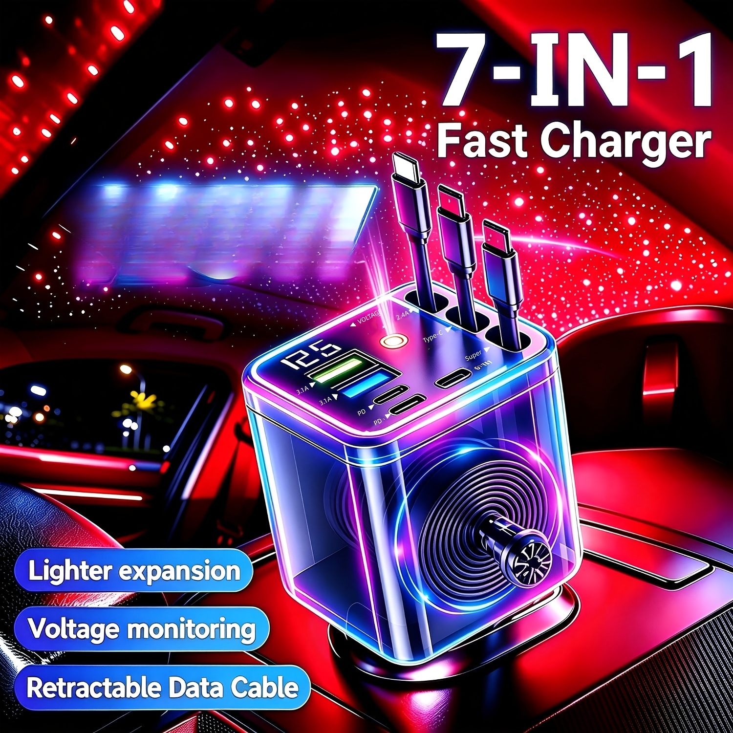 TEMU 125w Retractable Car Charger, With 3 Retractable Cables| 7-in-1 Fast Charging Station, With Colorful Lights, 180 ° Adjustable Angle, Led Voltage