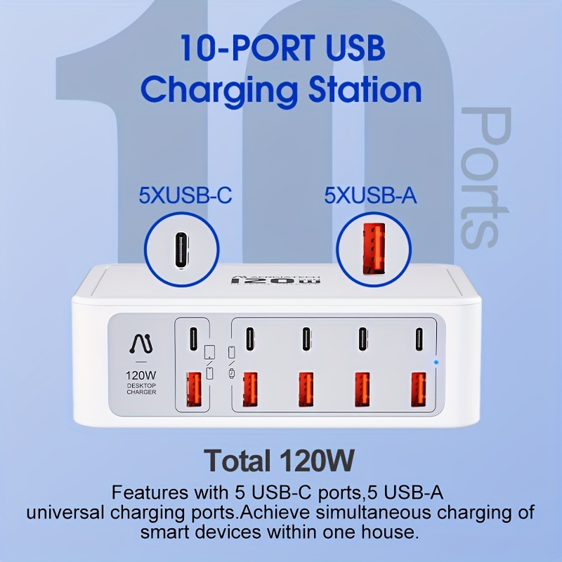 

120w Charger (5 Usb-a+5 Type-c) Can Simultaneously Charge Multiple Devices (mobile Phones, Tablets, Laptops)