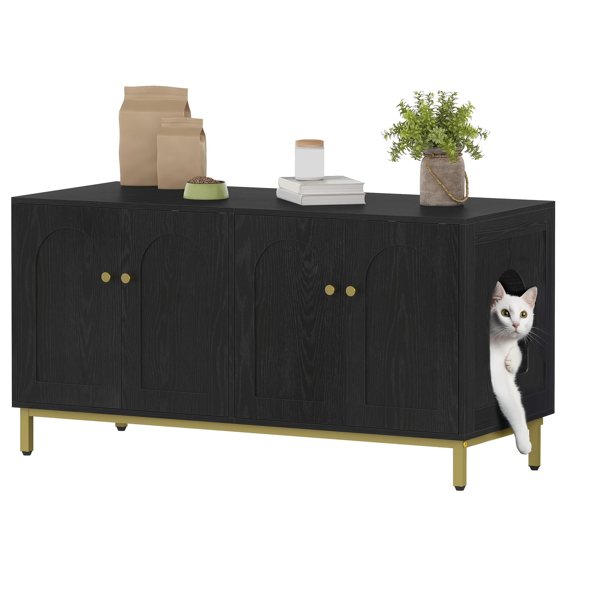 Image of Cat Cabinet For 2 Cats, 119cm Hidden Cat Litter Box Furniture, Wooden Pet House, Storage Cabinet Bench, Fits Most Cat Litter Boxes, Black And Golden