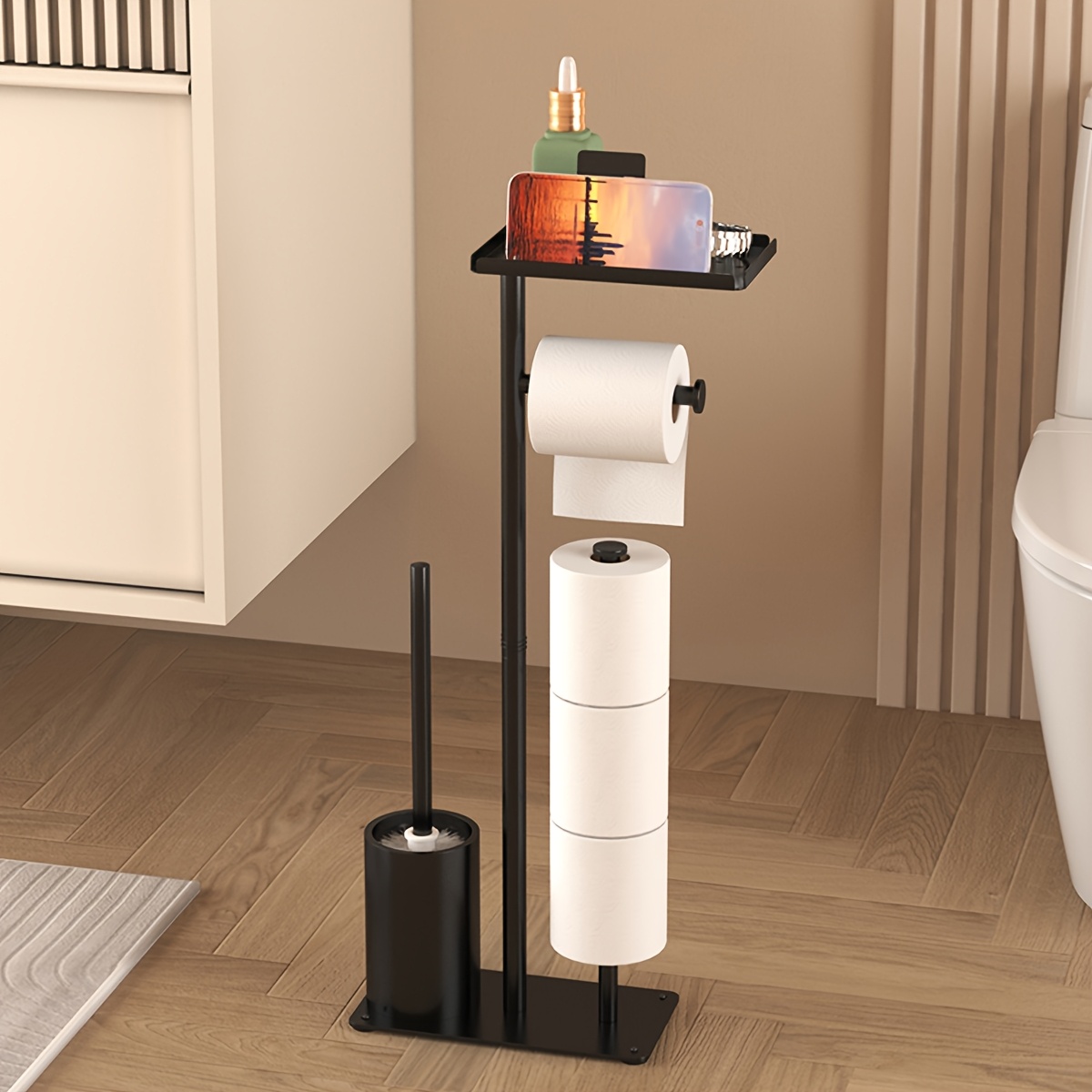 1pc Freestanding Toilet Paper Holder with Storage - Self-Adhesive, Wrought Iron Bathroom Accessory for Tissues & Rolls, Toilet Paper Dispenser, Living Room, Christmas/Halloween Gift Decoration - Unfinished