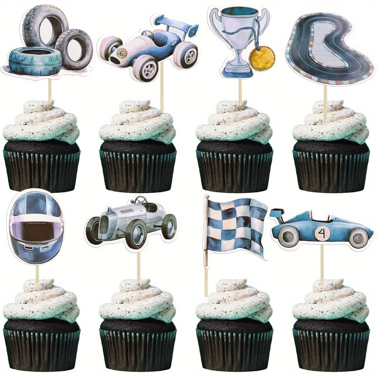 Image of 16pcs Race Cupcake Toppers Racing Party Cake Decorations For Race Theme Baby Shower Birthday Party Decoration Supplies