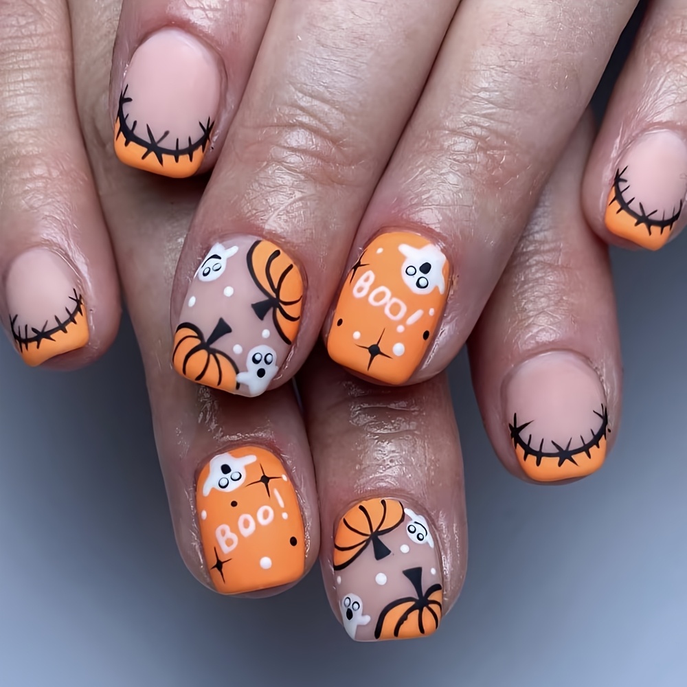 Image of 24pcs Short Square Autumn Halloween False Nails, Glossy Halloween False Nails With Pumpkin, And Web Designs, With Jelly Glue And Nail File, Fashionable False Nails Suitable For Autumn And Halloween