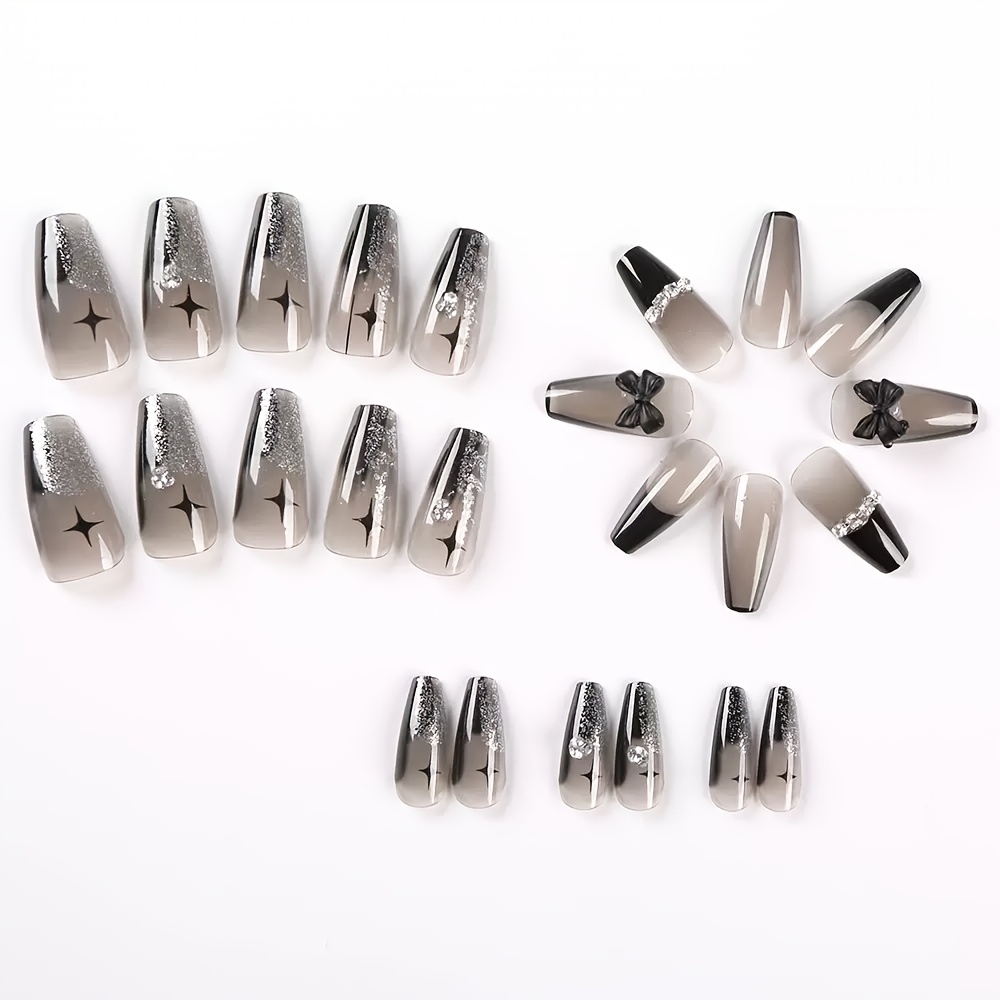 TEMU 24pcs Medium Ballet Press On Nails Natural Paste Full Coverage Dark 3d Bow Gradient Shiny Glitter Rhinestone Cute Fake Nails