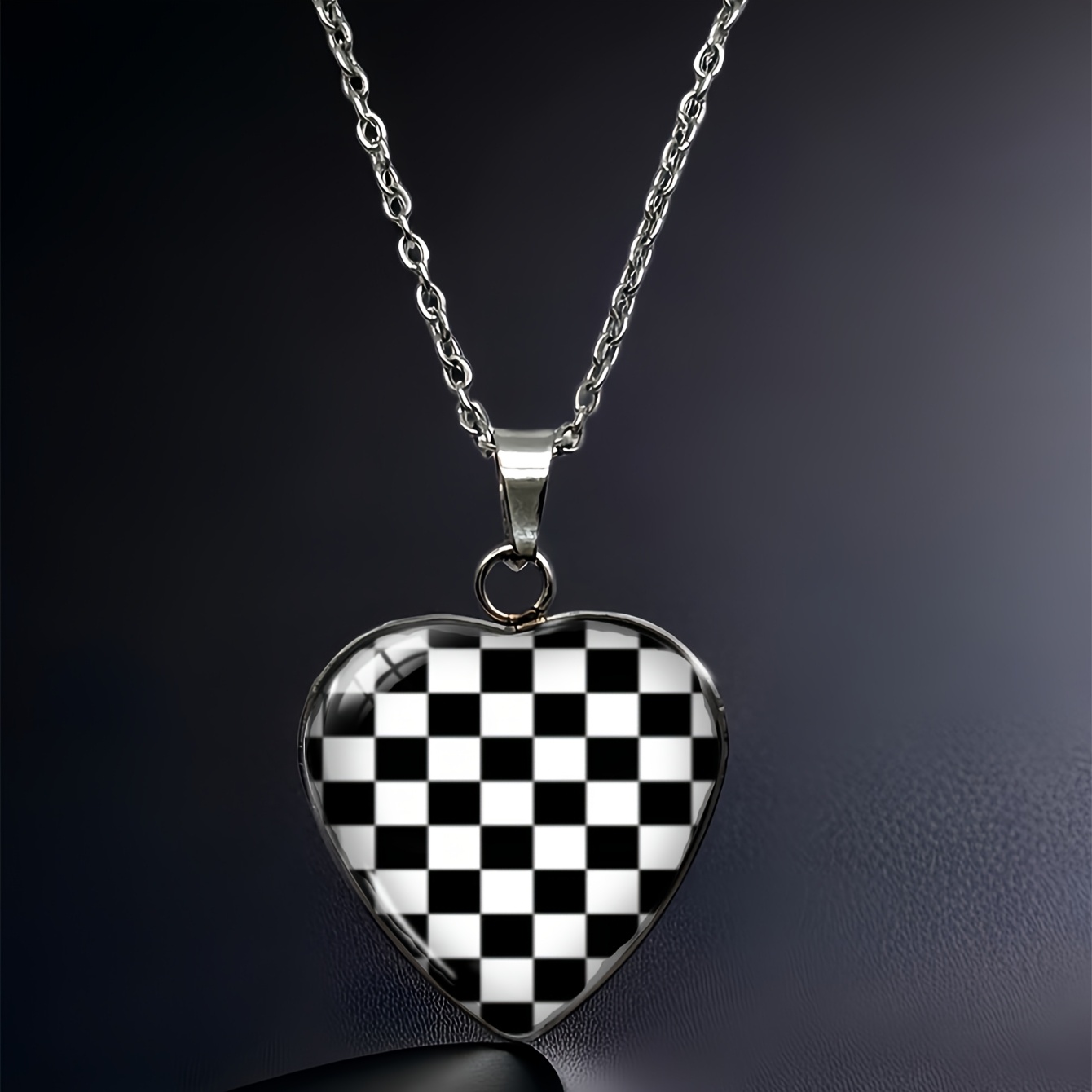 TEMU 1pc Elegant Black And White Geometric Heart Pendant Necklace – , Line, Checkerboard, And Pentagram Designs, Unisex Bohemian Jewelry For Casual