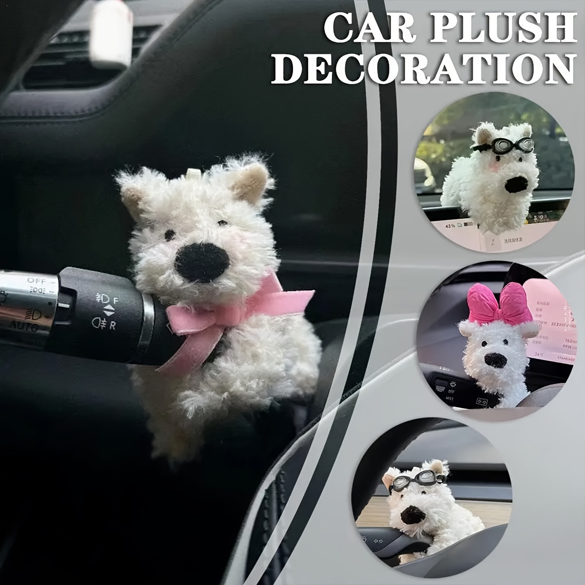 

1pc Cute Fabric Dog Car Dashboard Decoration Clip-on Plush Puppy Auto Interior Accessory For Turn Signal And Wiper Lever