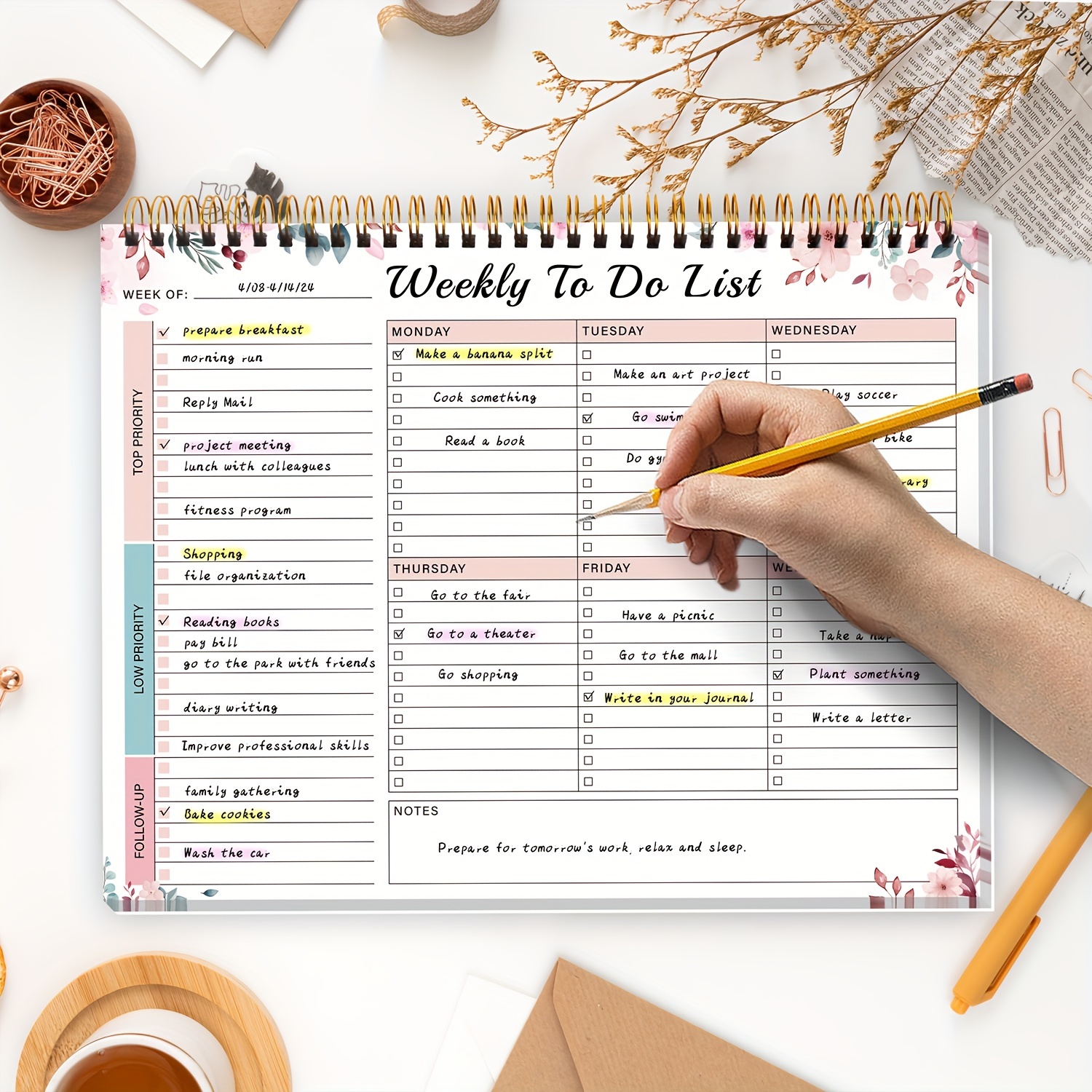 

BUBU Planificateur hebdomadaire de listes de tâches pour étudiants – Carnet de calendrier académique en anglais avec organisateur de travail quotidien, sections principales priorités et notes