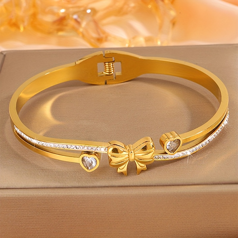 TEMU 1pc Exquisite Elegant Stainless Steel Inlaid Zirconia Bow Bracelet Fashion And Elegant Jewelry Suitable For Daily Wear Holiday Girlfriend