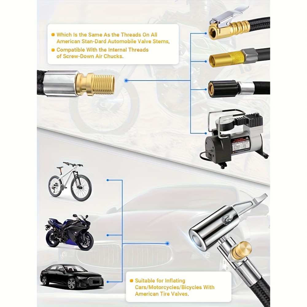 комплект шланга для накачки - 60 см/23,62 дюйма, резьба m8, 4 насадки и воздушный клапан | плетеный синтетический каучук, адаптер с мелкой резьбой сша (0,305x32tpi) | прочный и гибкий, подходит для шин автомобиля/мотоцикла/велосипеда | удлинительная трубка для насоса Детали 3