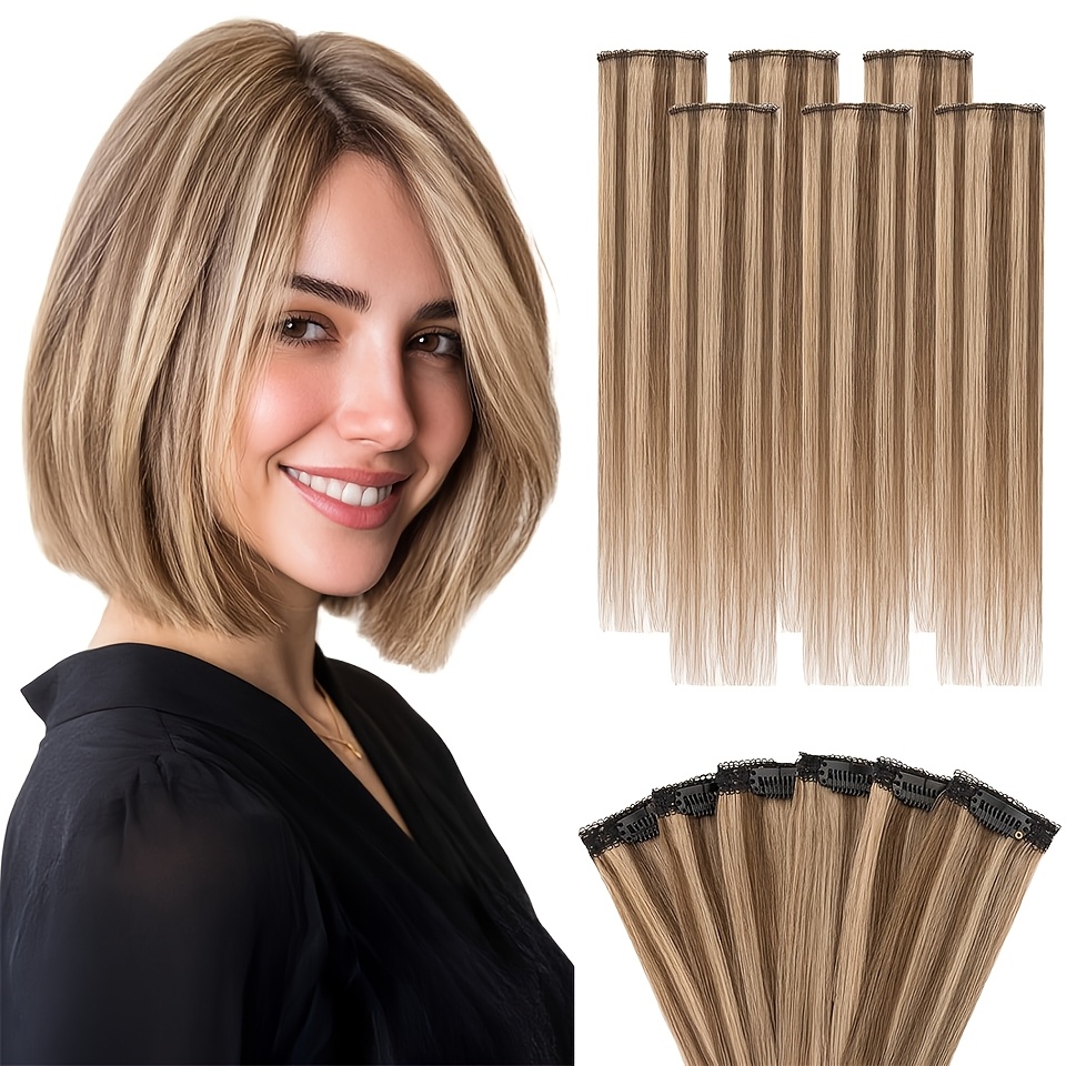 TEMU 6 stuks/pak Rechte synthetische haarextensies voor dames 10 inch meerkleurige clip-in pruiken hittebestendige cosplay feest haaraccessoires voor