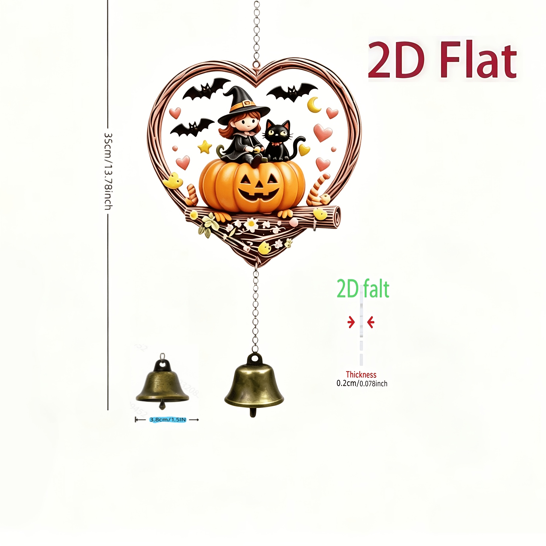 TEMU Halloween Cartoon Heart-shaped Wreath Wind Chime Hanging Ornament, 2d Flat Design, Featuring A Cute Little Witch And Black Cat Sitting On A