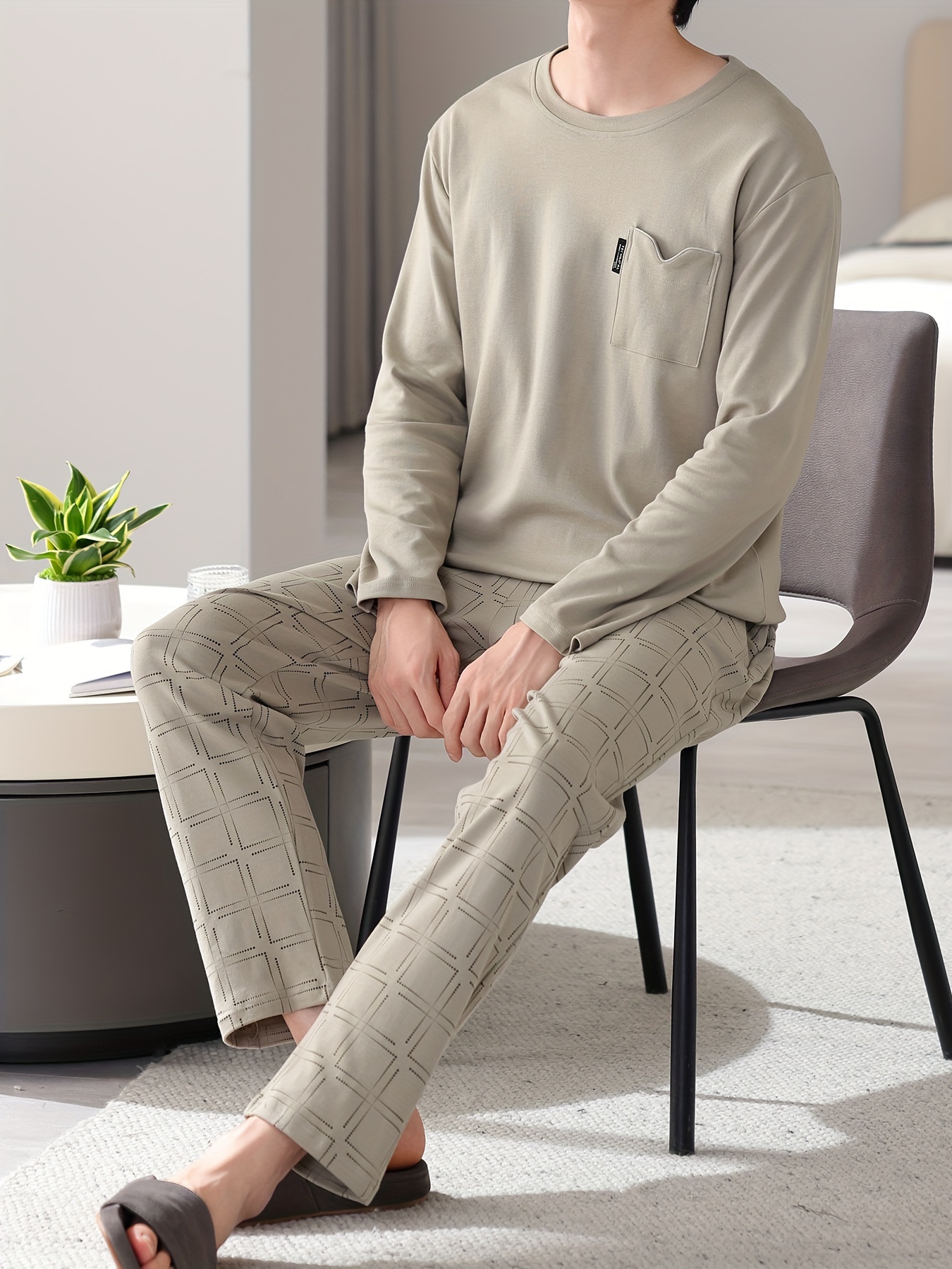1set Men'S Casual Cotton Pajama Set, Long Sleeve Round Neck Sleepwear with Pockets, Loose Fit Knitted Pullover for Spring/Autumn - Comfortable Thin Cotton Outfit