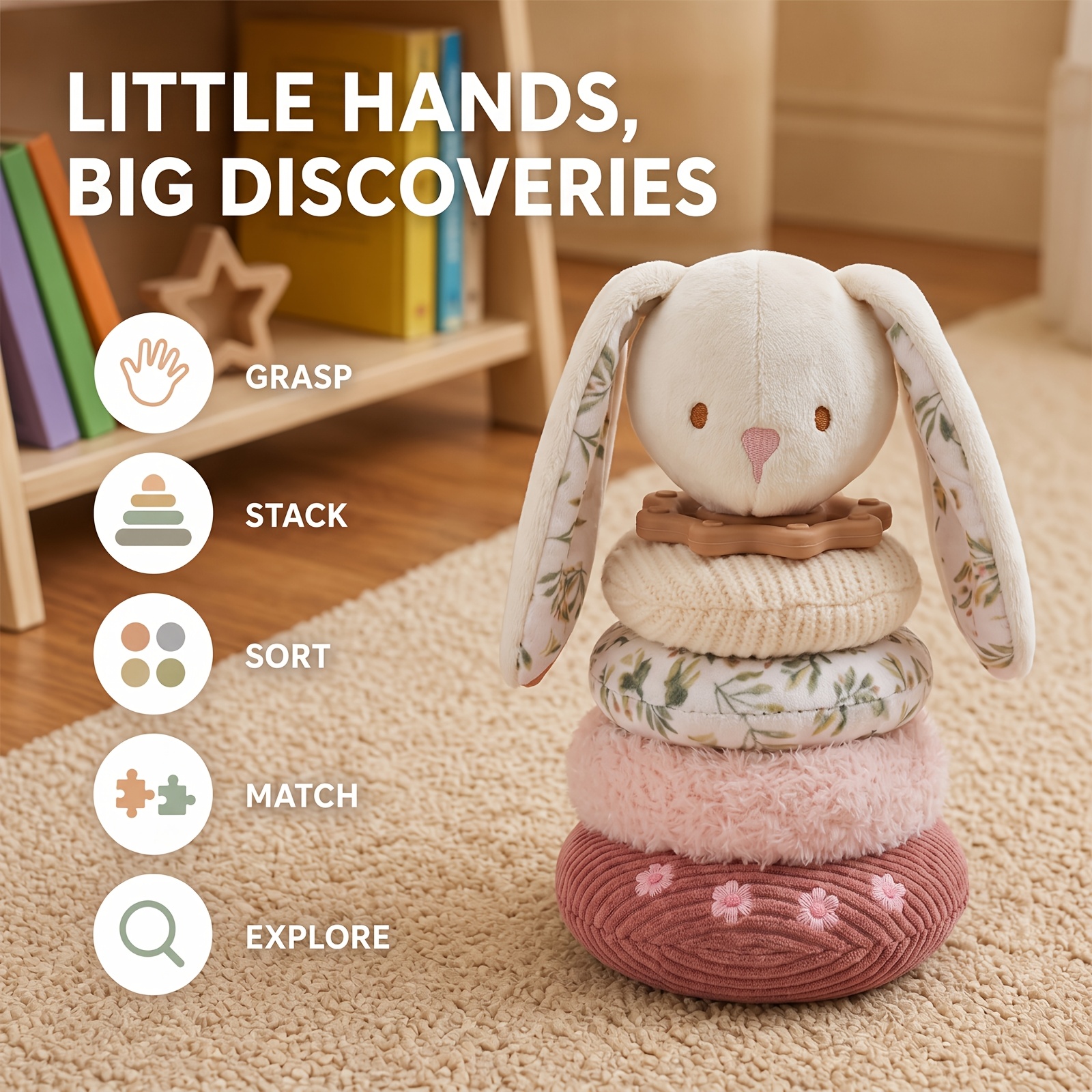 Baby's Long-Eared Stacking Toy, Multi-Functional Rabbit Interlocking Toy
