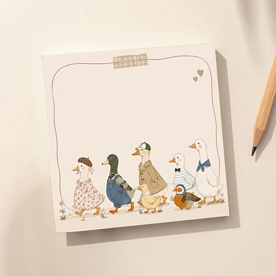 TEMU Bloc-notes Mignonne Famille de Canards, Parade Kawaii d'Oies et Canards avec Tenue Florale, Illustration Vintage d'Animaux , Papier d'Écriture