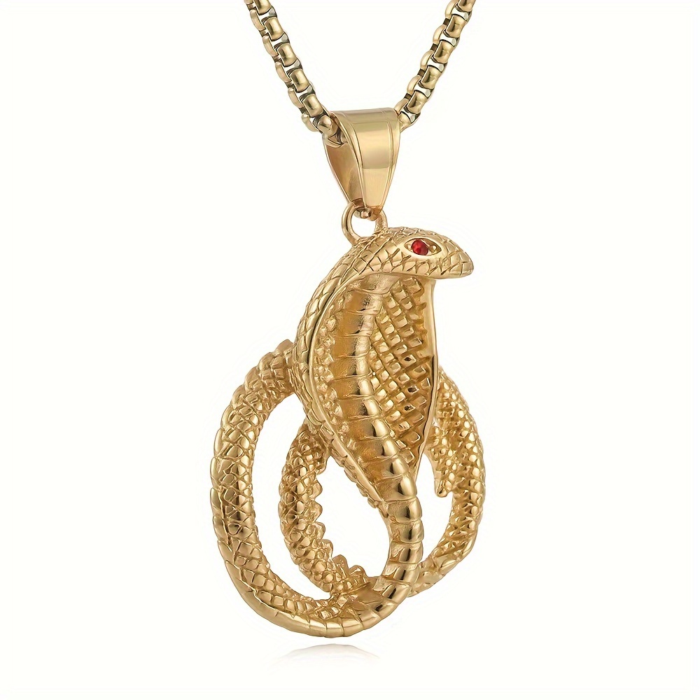 cool and handsome mens gold tone cobra pendant necklace with red eye detail antique gold plated zinc alloy hip hop style snake chain jewelry details 2