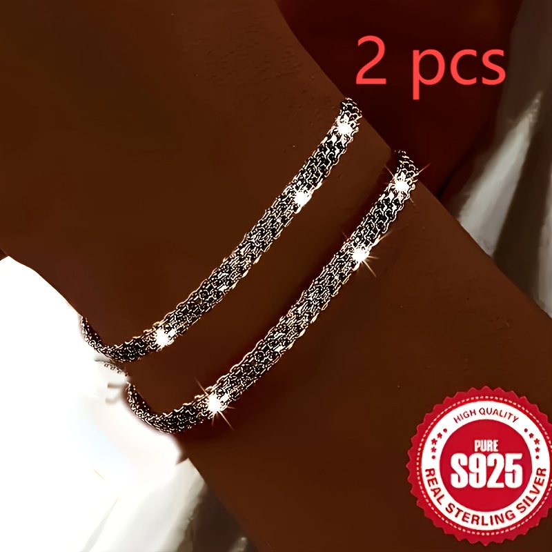 2pcs S925 Pure Silvery Unisex Mesh Chain Bracelets